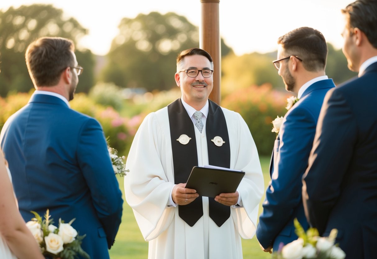 An officiant stands before a couple, speaking with authority and warmth, guiding them through a series of questions and vows