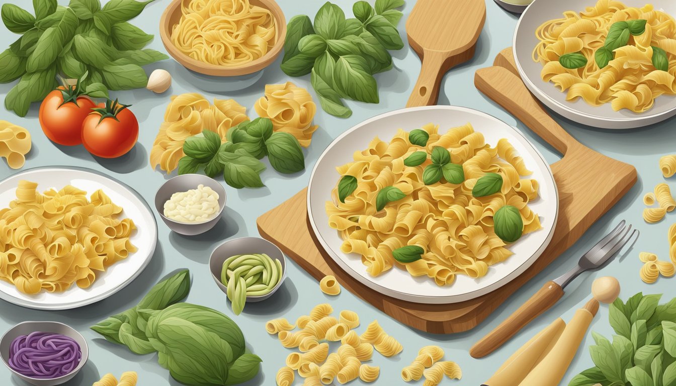 A table set with various vegetable-based pasta alternatives, including corzetti, surrounded by fresh produce and cooking utensils