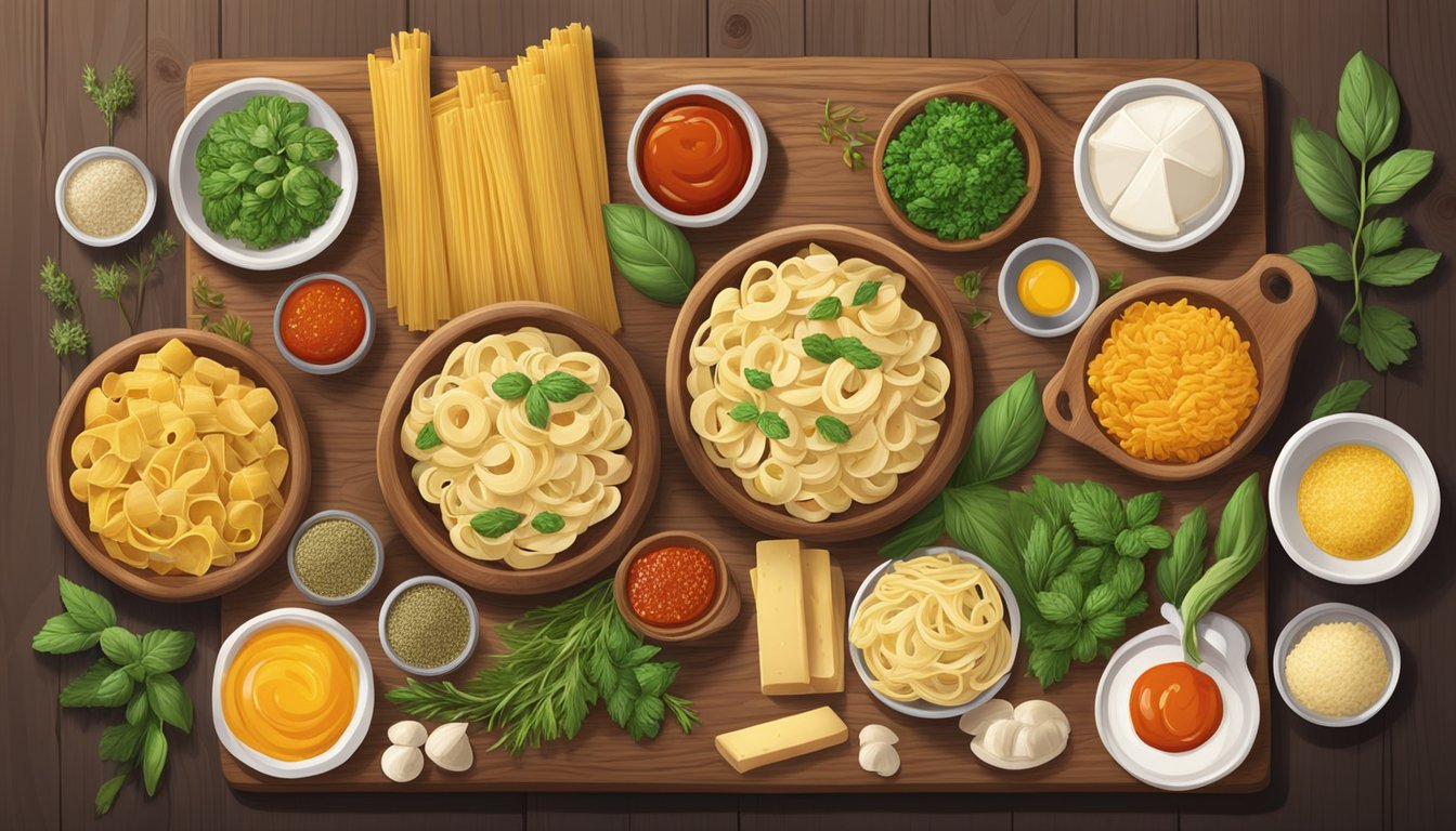 A wooden table with various ingredients and sauces arranged around a pile of corzetti pasta. Ingredients include herbs, vegetables, and cheeses