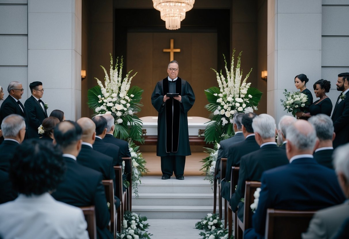 A somber funeral setting with a celebrant leading the ceremony, surrounded by mourners and floral arrangements