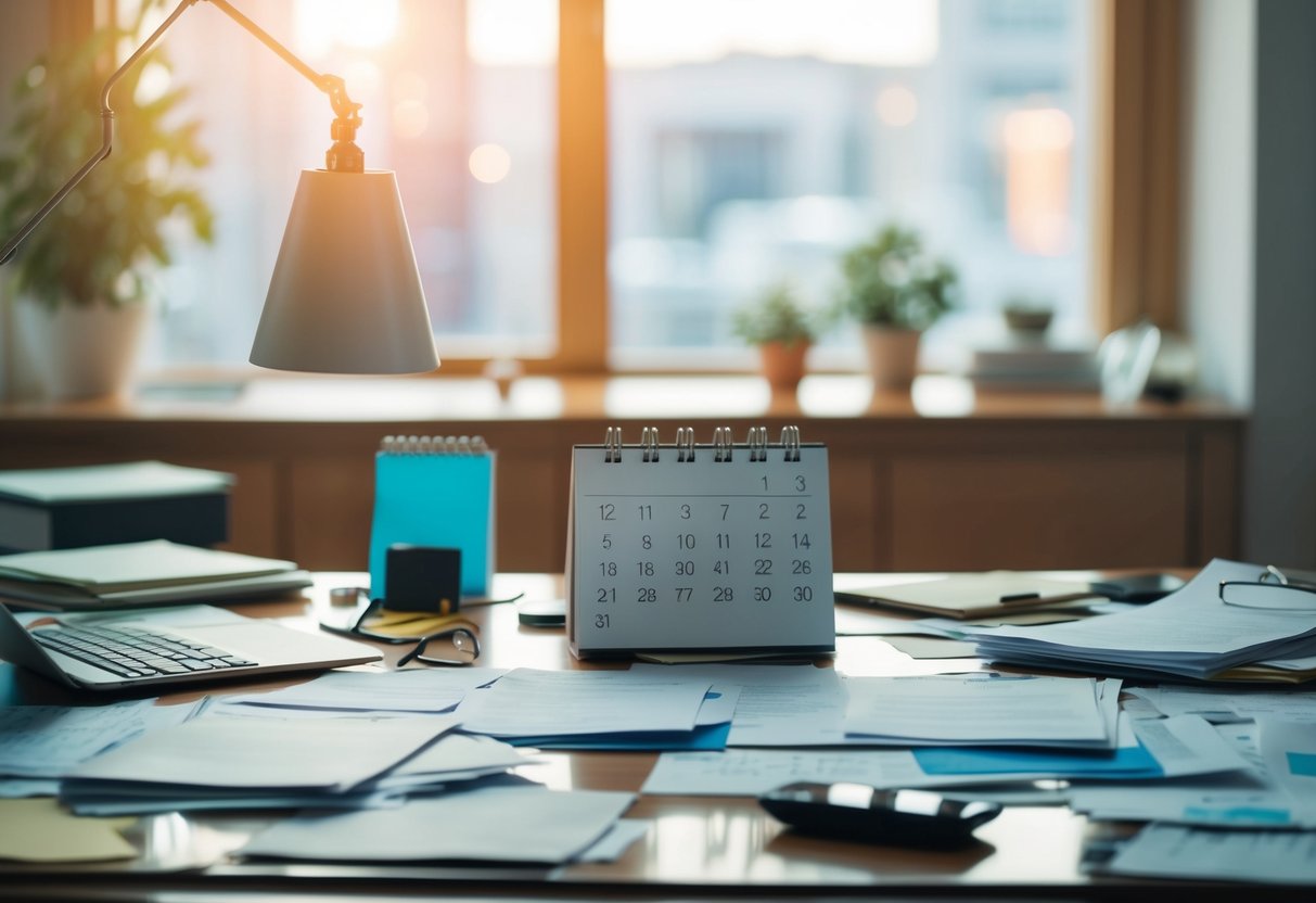A cluttered desk with scattered papers, a calendar, and a stressed expression