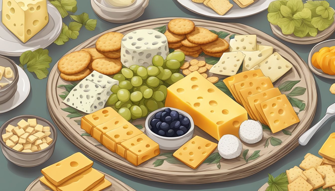 A cheese platter with various types of crackers arranged in a decorative pattern