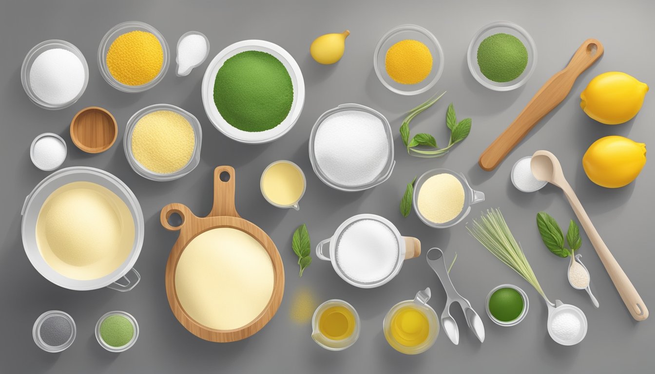 A variety of ingredients and tools arranged on a kitchen counter for experimenting with cornstarch substitutes