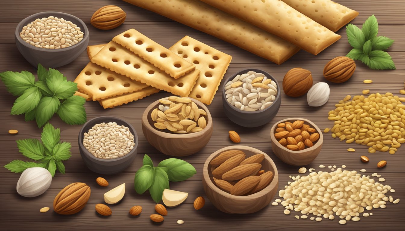 A variety of crackers and ingredients scattered on a wooden table, with different textures and flavors, such as nuts, seeds, and herbs