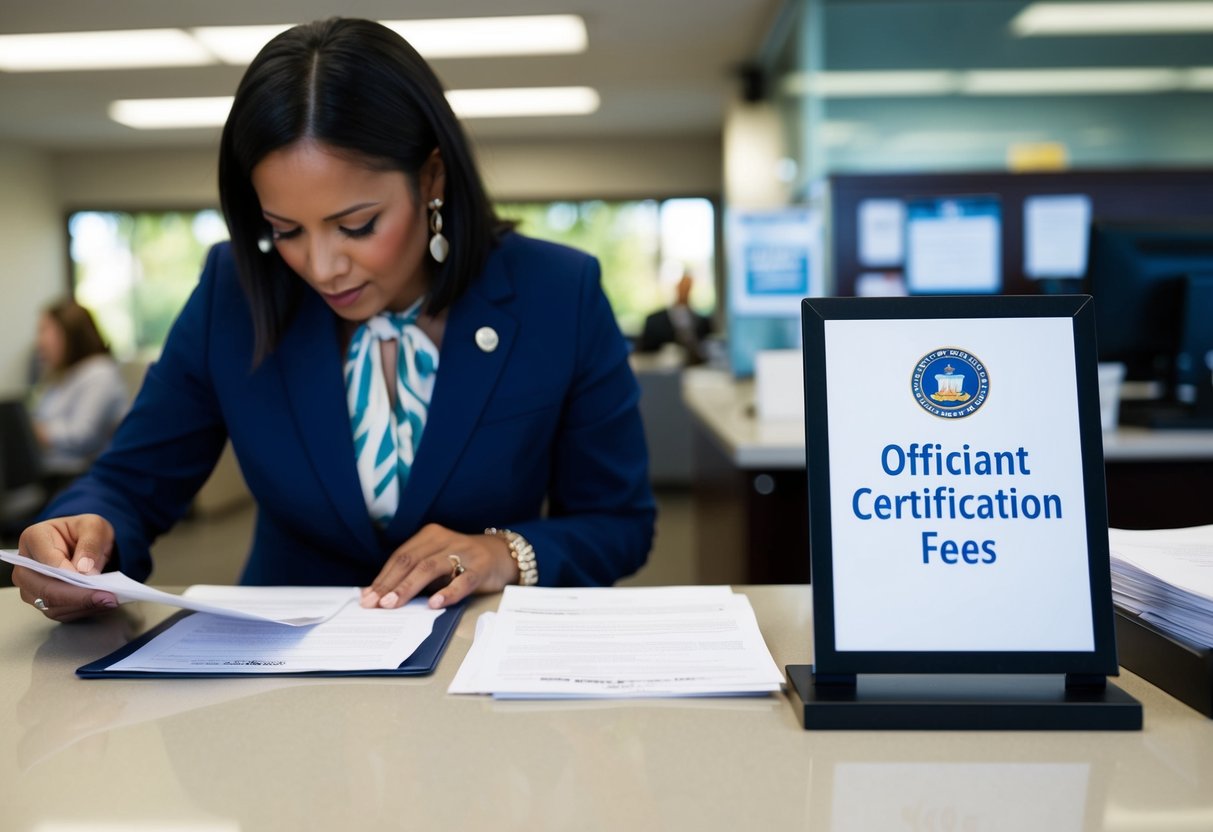 A person filling out paperwork at a government office, with a sign displaying "Officiant Certification Fees" on the counter