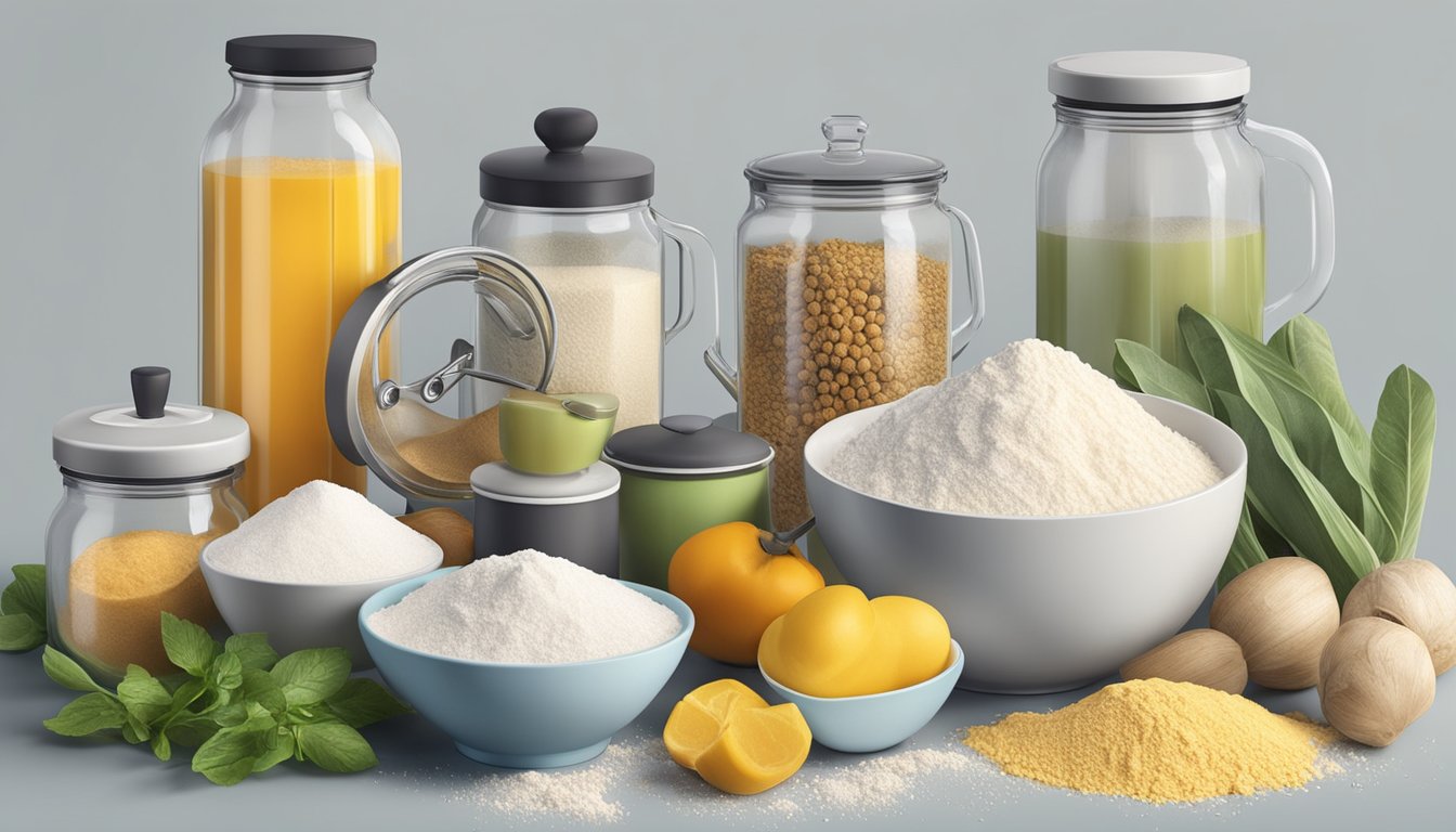 A kitchen counter with various ingredients and measuring utensils, including cornstarch substitutes like arrowroot powder and tapioca flour