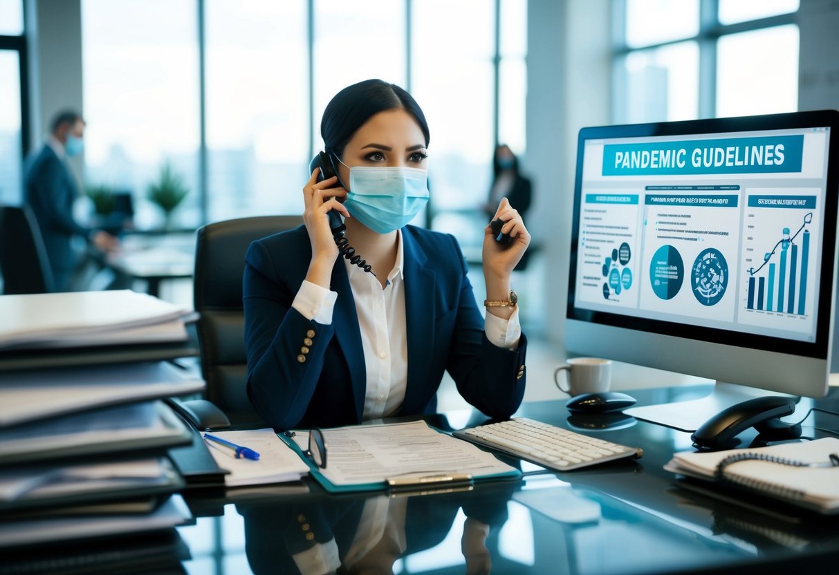 A masked event planner sits at a desk surrounded by spreadsheets, phone calls, and a computer screen displaying pandemic guidelines. An air of stress and determination fills the room