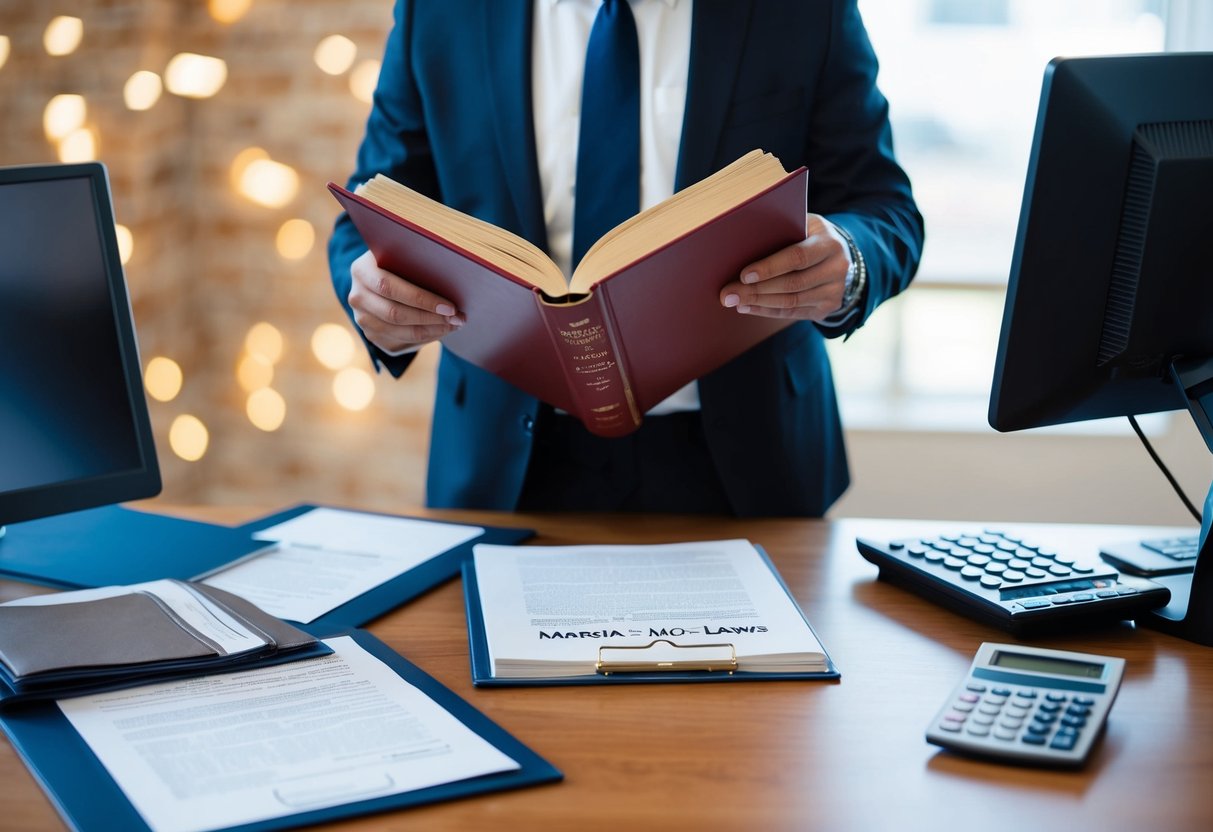 An officiant studying a book on marriage laws, surrounded by legal documents and a computer with a calculator