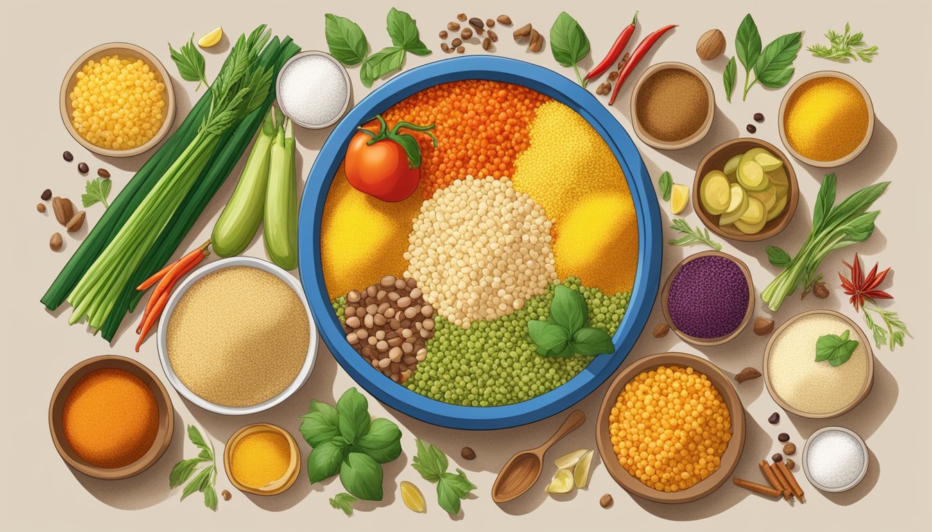 A colorful array of international ingredients surround a bowl of couscous, including spices, vegetables, and various grains