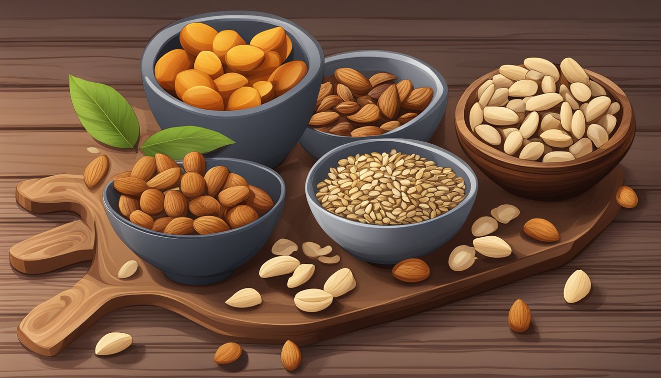 A bowl of assorted nuts, seeds, and dried fruits arranged on a wooden cutting board