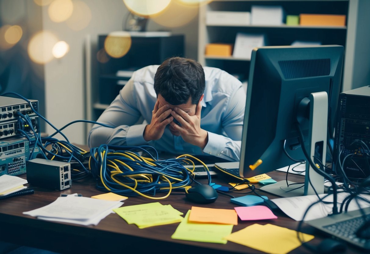 A cluttered desk with tangled cords and a computer surrounded by scattered papers and sticky notes. A stressed figure hunched over the desk, surrounded by networking equipment