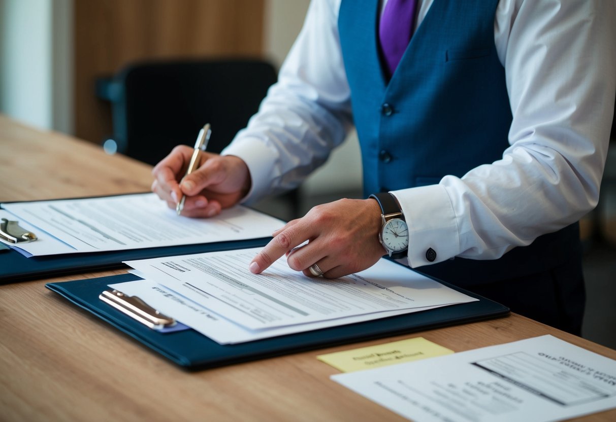 A person filling out paperwork and paying fees at a government office to become an officiant in the UK