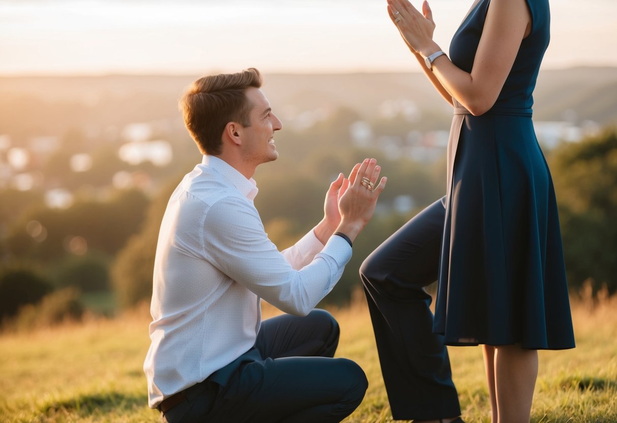 A person kneeling with a ring in hand, facing another person with a hopeful expression