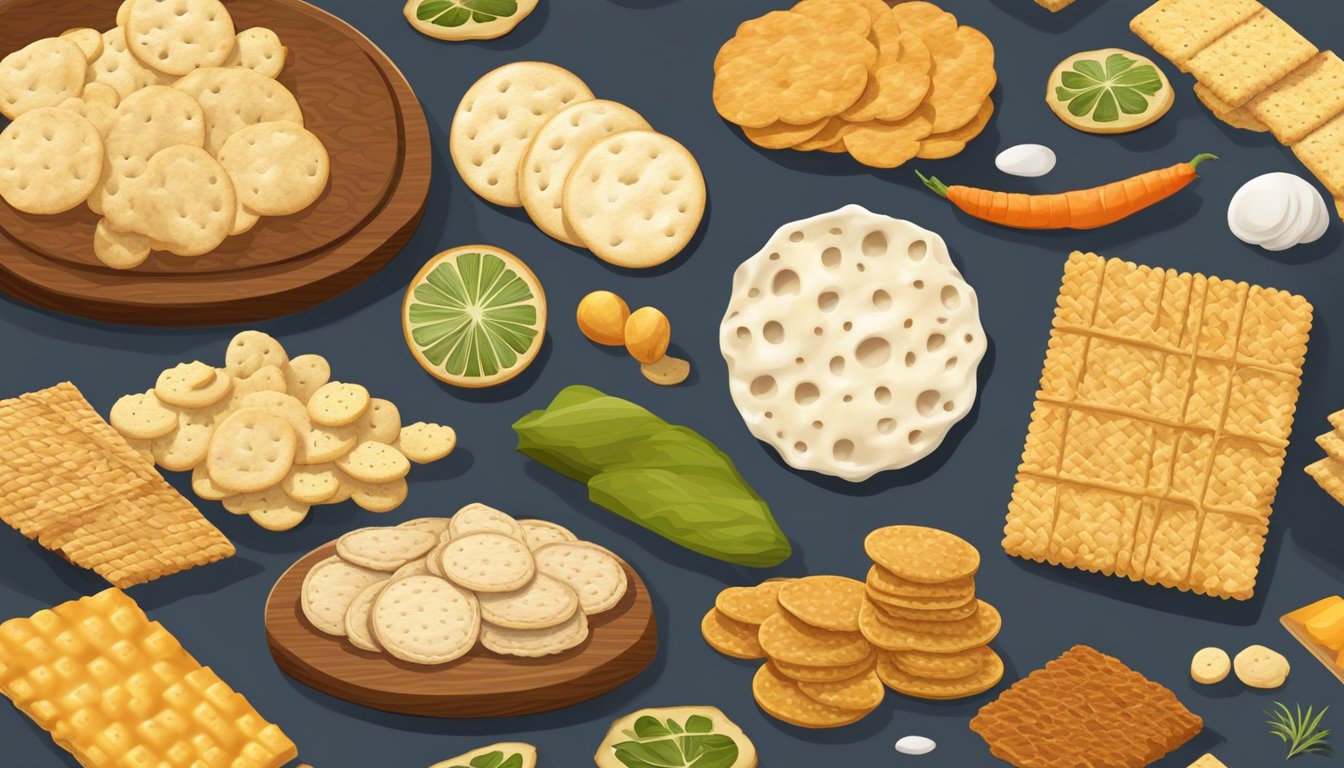 A variety of crackers from around the world displayed on a wooden cutting board with unique substitutes like rice cakes and vegetable crisps