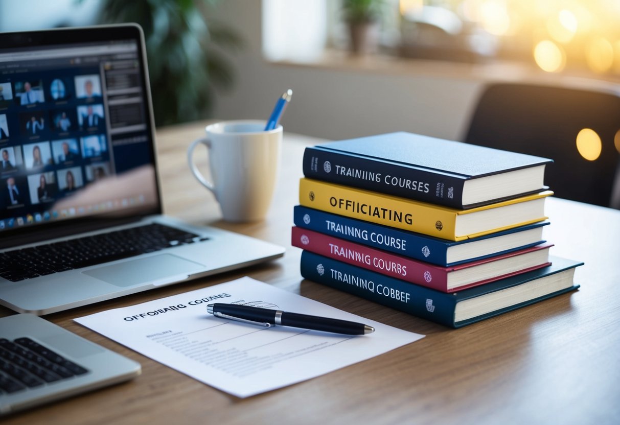 A desk with a laptop, pen, and paper. A stack of books on officiating and a price list for training courses