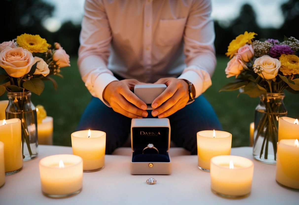 A person kneeling with a ring box open, surrounded by candles and flowers, looking up expectantly
