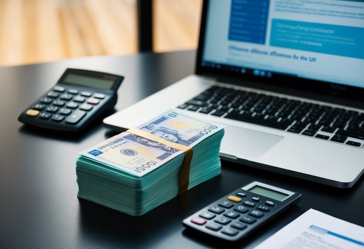 A stack of pound sterling banknotes and a calculator on a desk, with a laptop open to a webpage about officiant certification in the UK