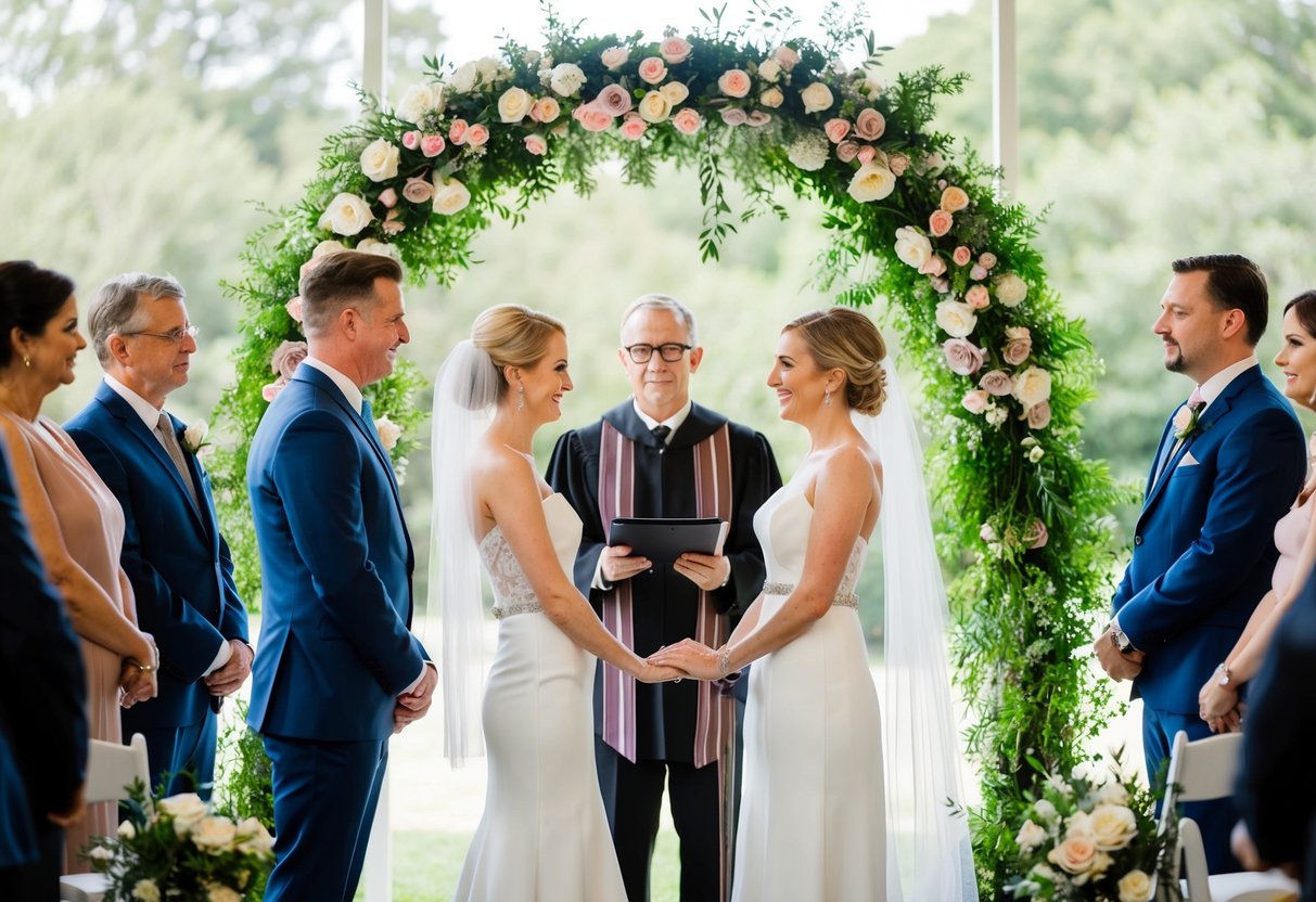 A couple stands before an officiant under a floral arch. Guests look on as the officiant speaks