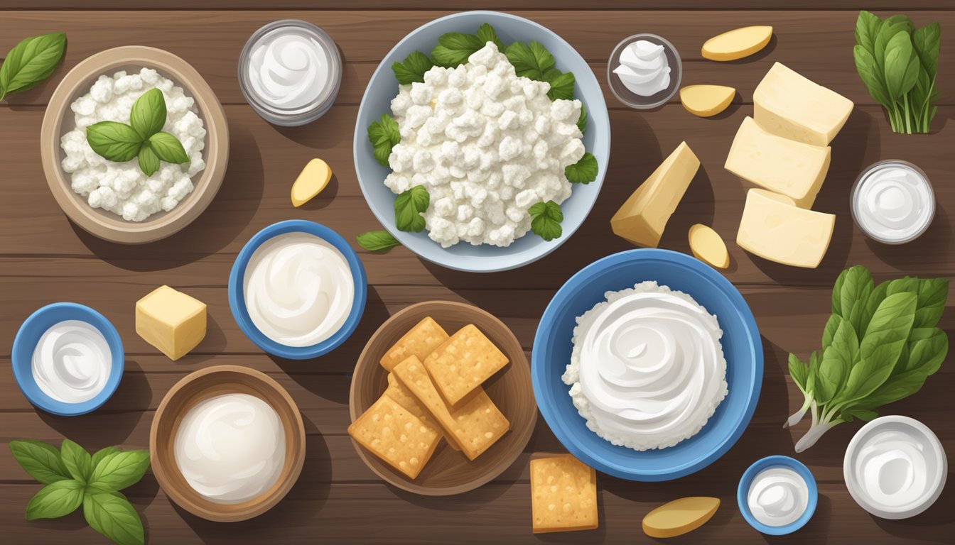 A bowl of cottage cheese surrounded by various substitute options such as Greek yogurt, tofu, and ricotta cheese on a wooden table