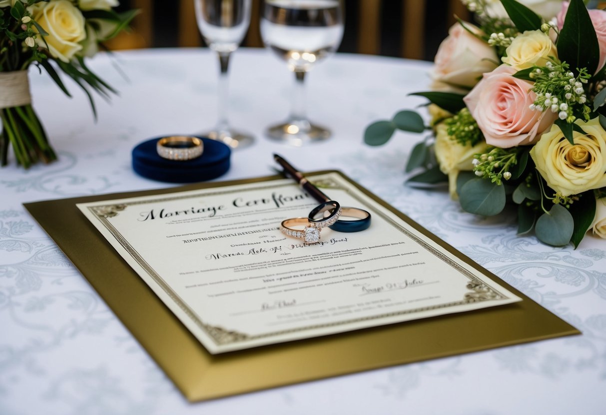 A ceremonial table with two rings, a bouquet, and a pen on a marriage certificate