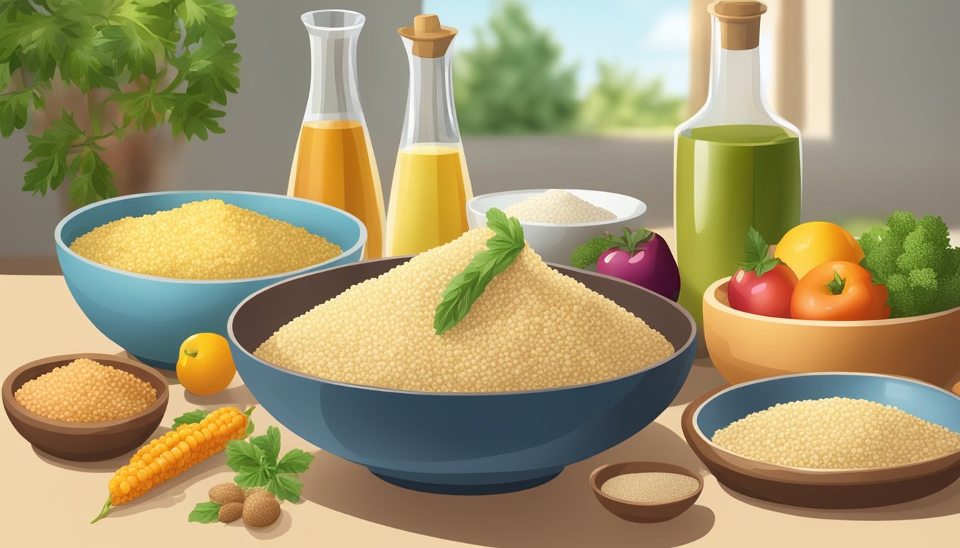 A table with various ingredients: quinoa, bulgur, rice, and millet. A bowl of couscous next to them. Fruits and vegetables in the background