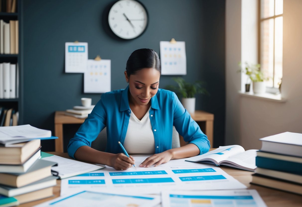 A person researching, drawing timelines and calendars, surrounded by books and papers, with a clock on the wall