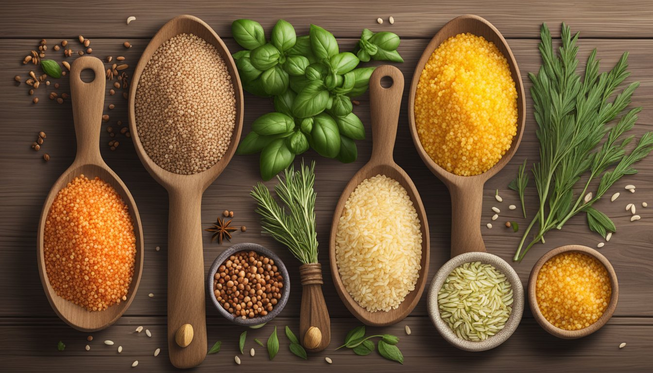 A colorful array of quinoa, bulgur, and rice alongside fresh herbs and spices on a rustic wooden table