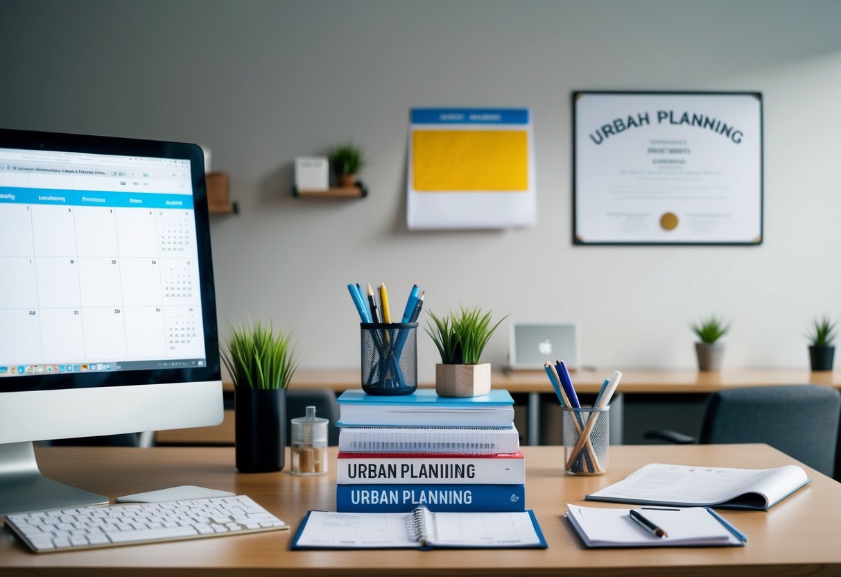 A planner's desk with a computer, calendar, and various office supplies. A stack of books on urban planning and a diploma on the wall