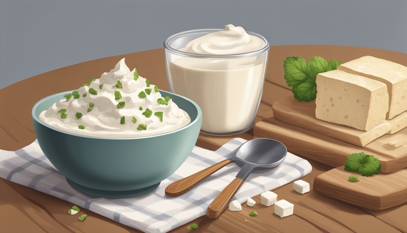 A bowl of creamy yogurt next to a pile of crumbly tofu on a wooden cutting board