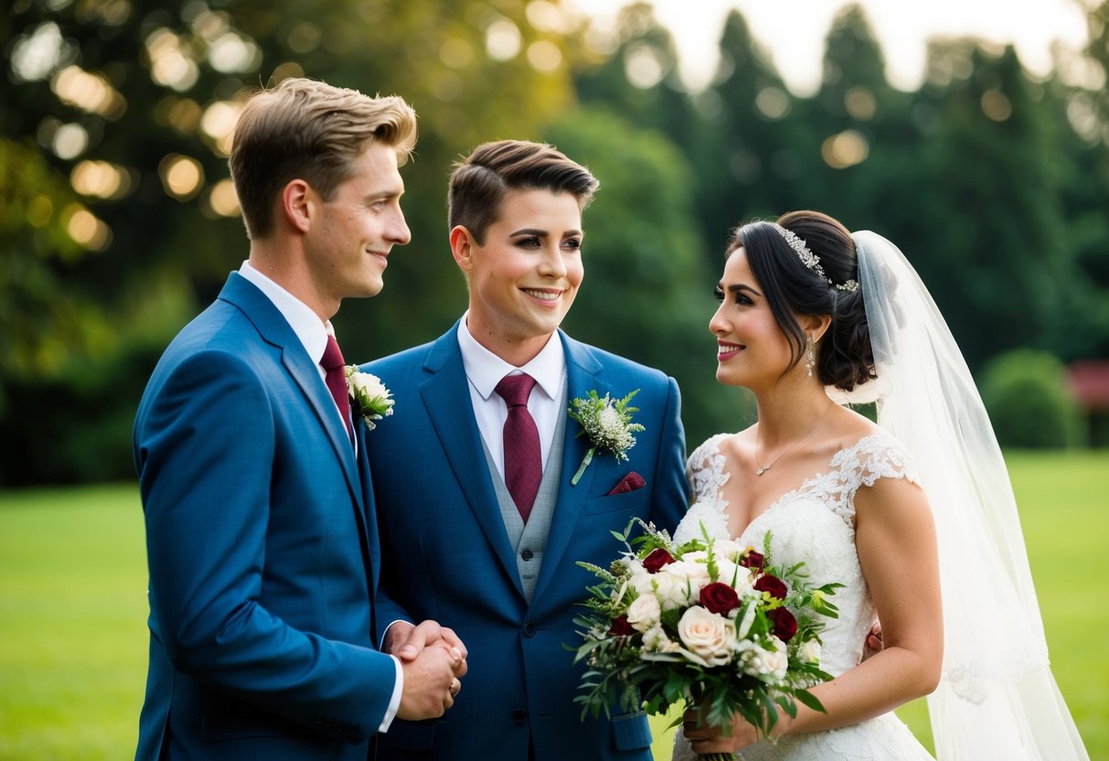 A young man stands beside a bride and groom, symbolizing the role of family in wedding traditions