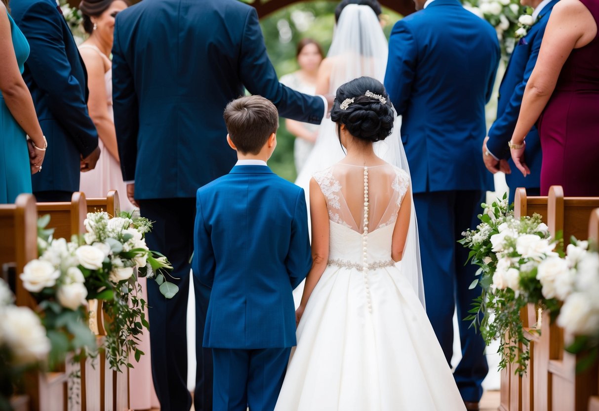 A father and son stand side by side, facing the bride and groom at the altar. The son looks proud and supportive as he symbolically gives his mother away at her wedding