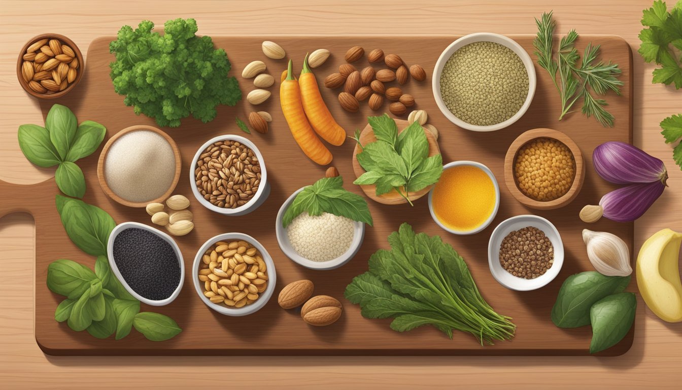 A spread of specialty and lesser-known substitutes arranged on a wooden cutting board. A variety of textures and colors are visible, including nuts, herbs, and vegetables