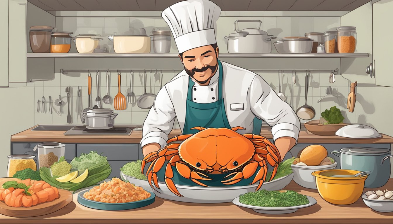 A chef holds a plate of crab substitutes, surrounded by various ingredients and utensils on a kitchen counter