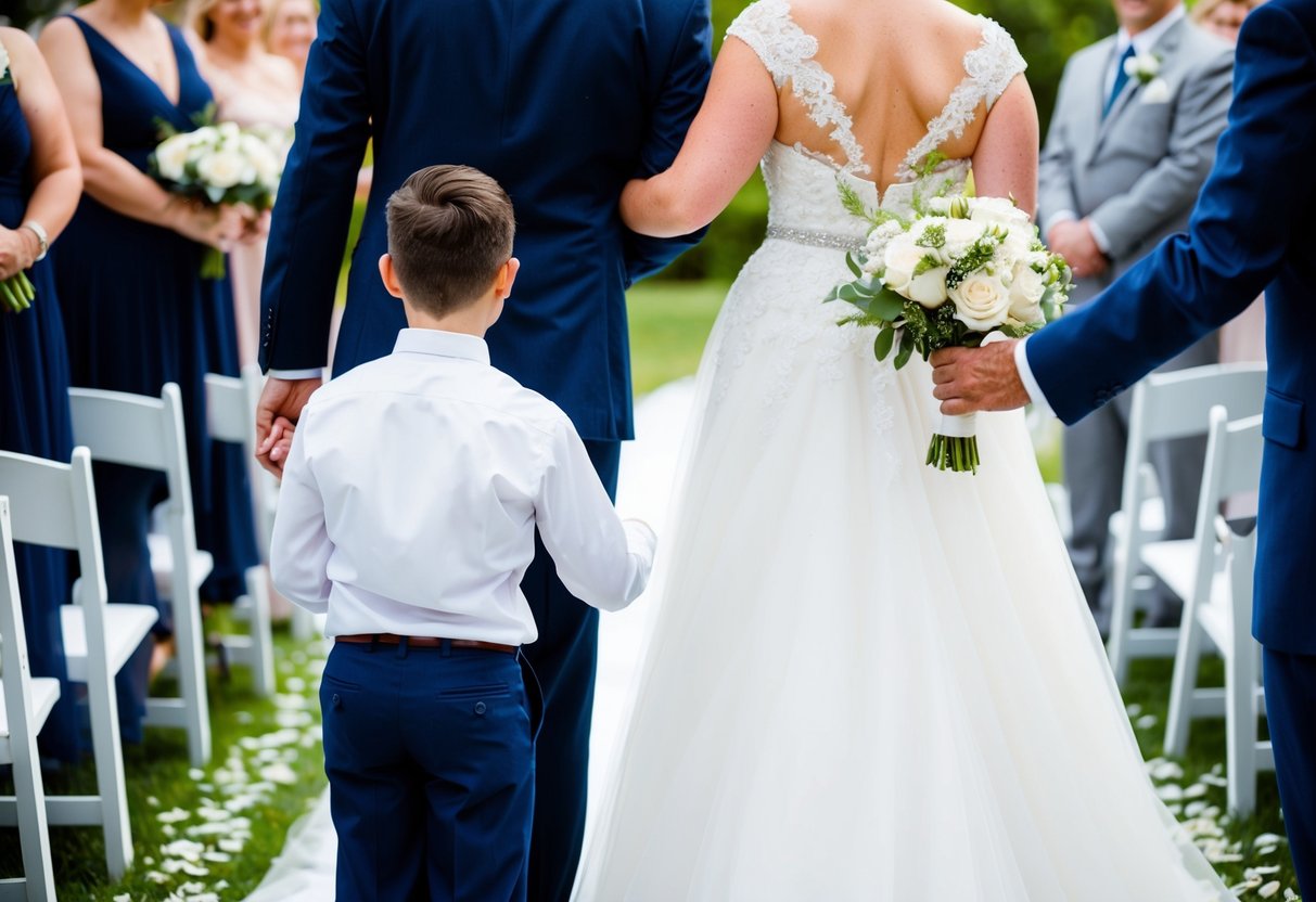 A father and son stand side by side, facing the bride and groom, as the son proudly gives his mother away at her wedding