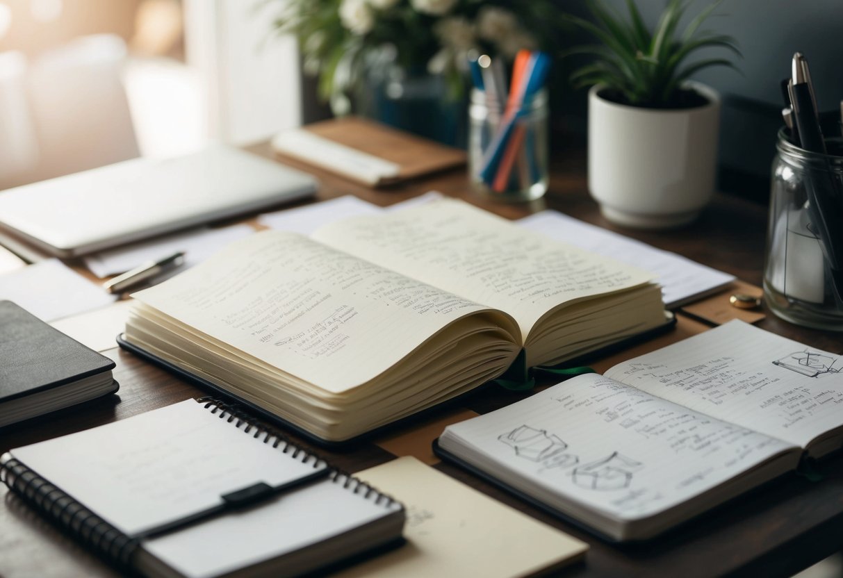 A wedding planner's notebook sits open on a cluttered desk, the pages filled with scribbled notes and sketches