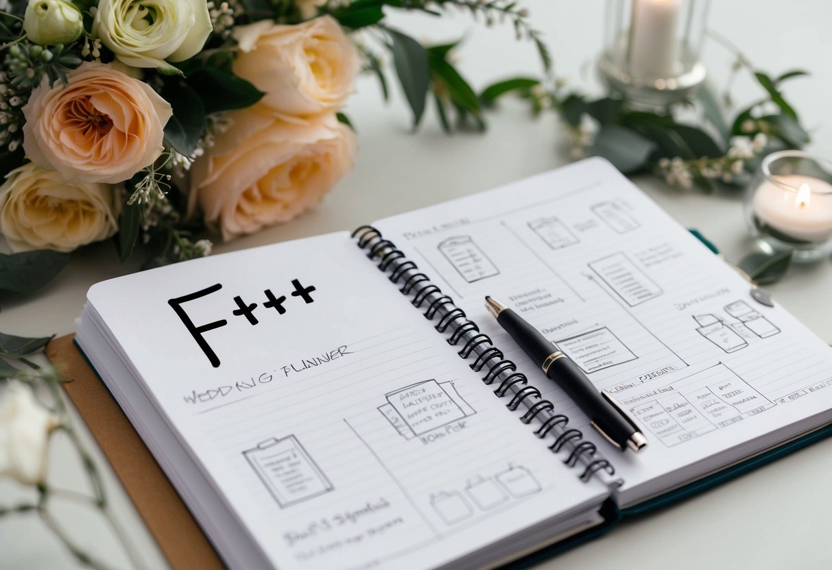 A wedding planner's notebook opens to reveal the word "f***" scribbled in bold letters amidst the wedding arrangements and sketches