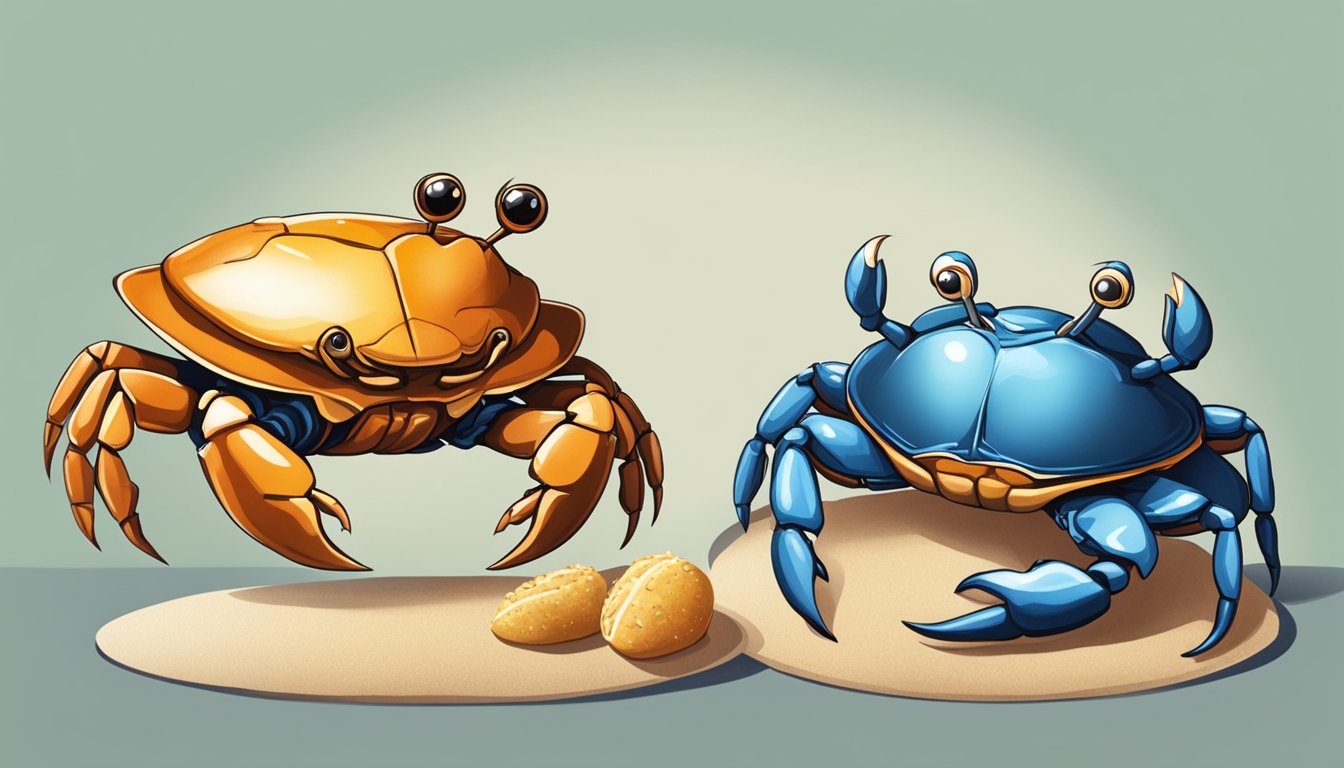 A crab standing in front of two different food items, hesitating to choose between them