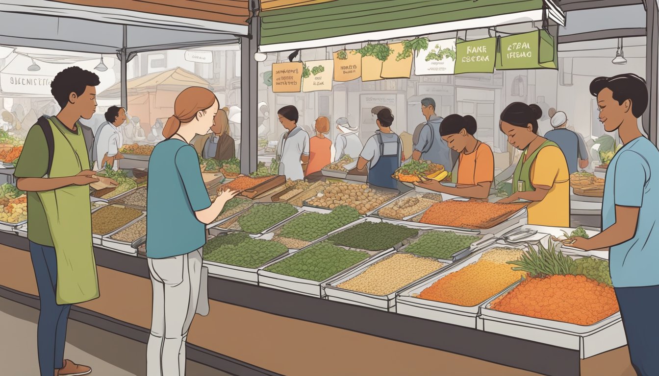 A bustling market stall with a variety of crab substitutes on display, including plant-based and lab-grown options. Customers sample and discuss the alternatives with the vendor