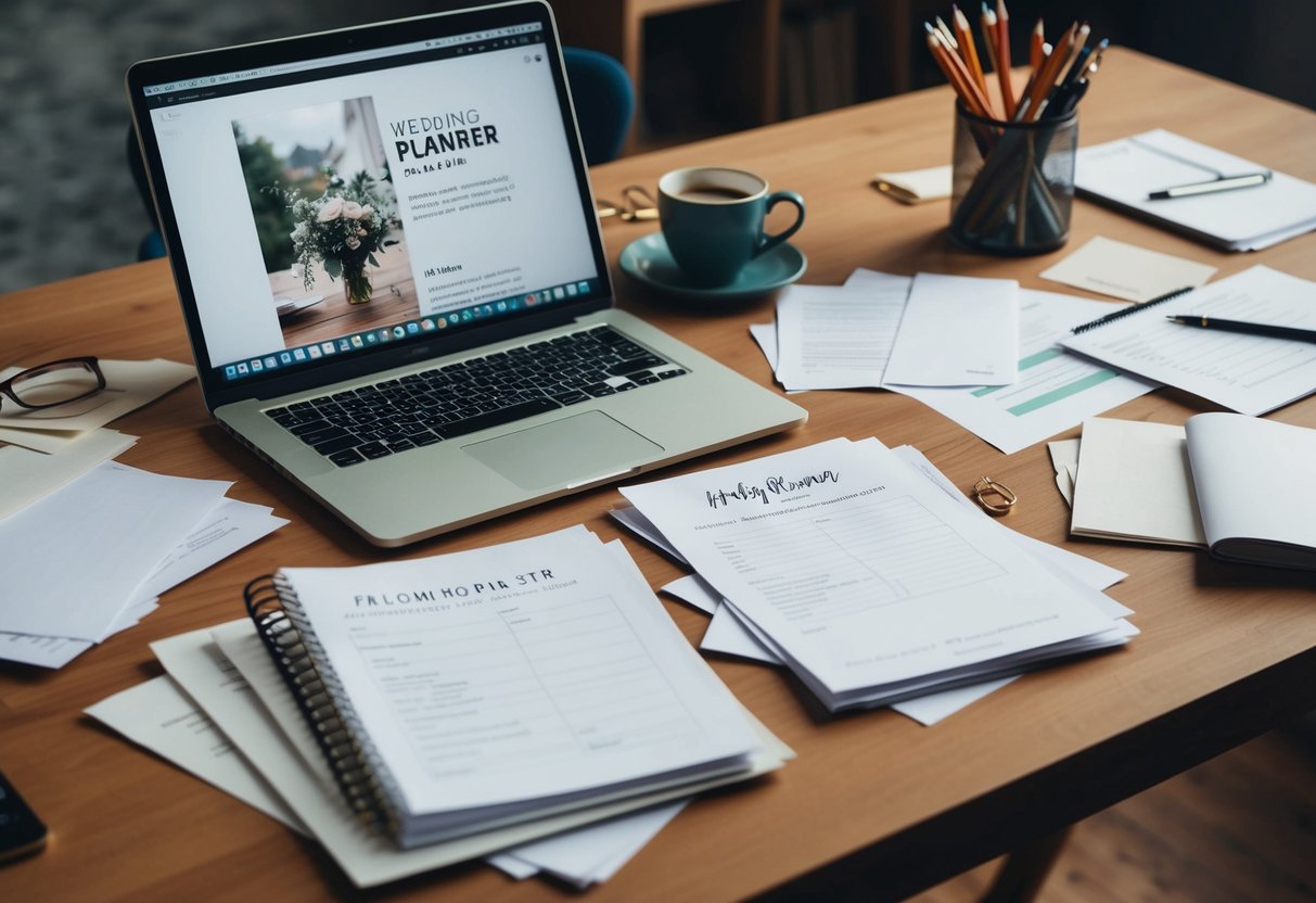 A cluttered desk with scattered papers and a laptop open to a wedding planner document