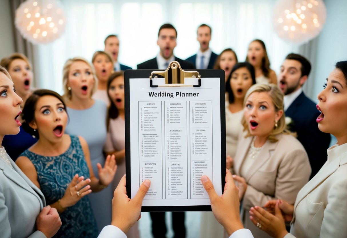A wedding planner's clipboard with a seating chart, surrounded by shocked guests