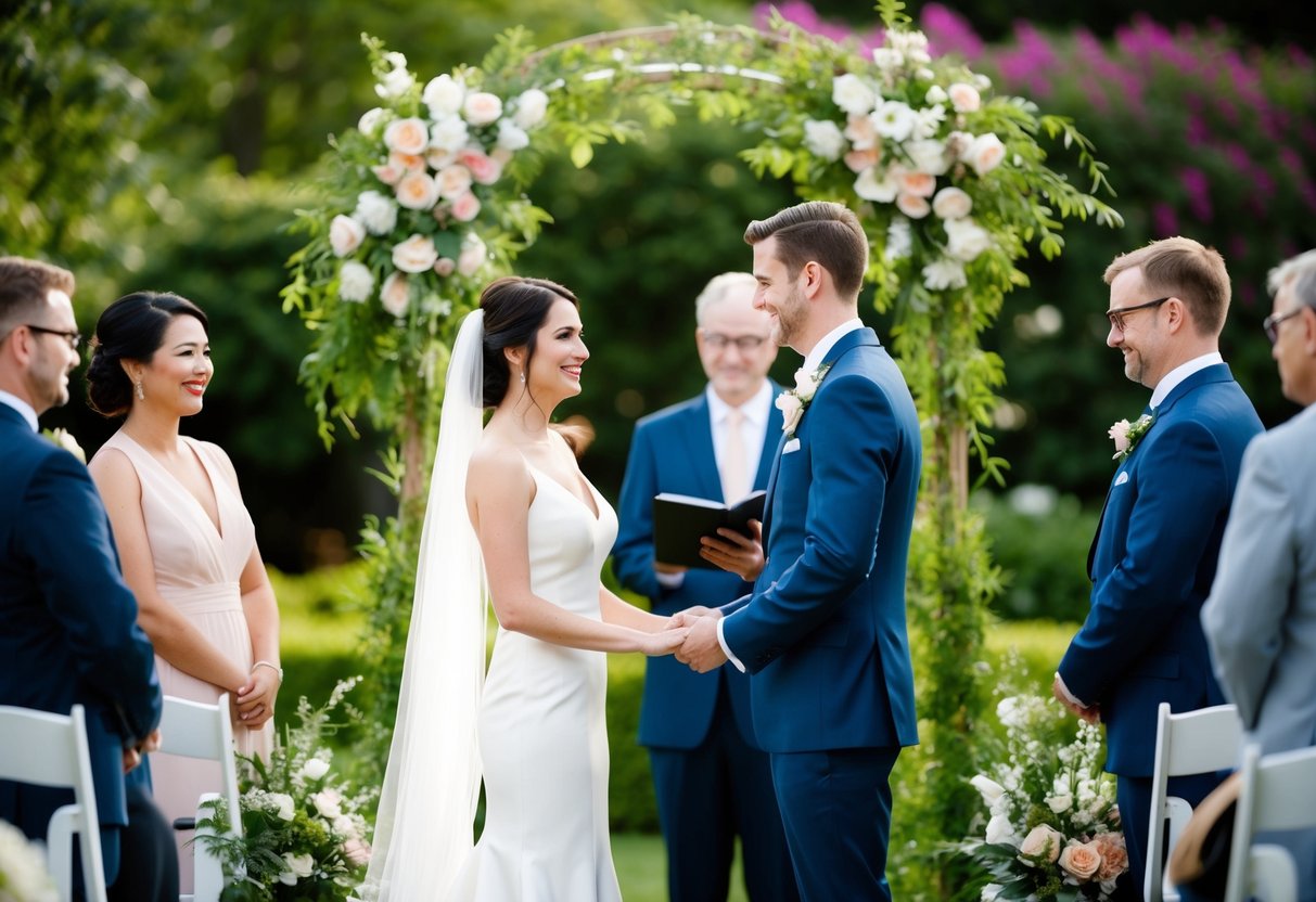 A bride and groom exchange vows in a garden ceremony, surrounded by lush greenery and blooming flowers
