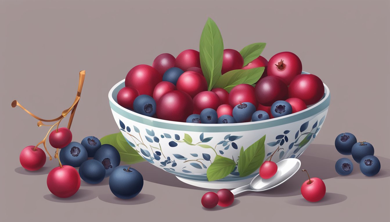 A bowl of cranberries surrounded by various alternative ingredients like cherries, pomegranates, and blueberries, with a measuring cup and spoon nearby