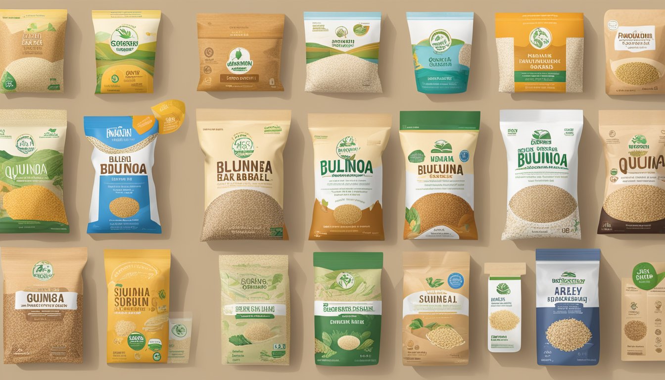 A diverse array of cracked wheat substitutes, such as quinoa, bulgur, and barley, displayed alongside sustainable sourcing logos and labels