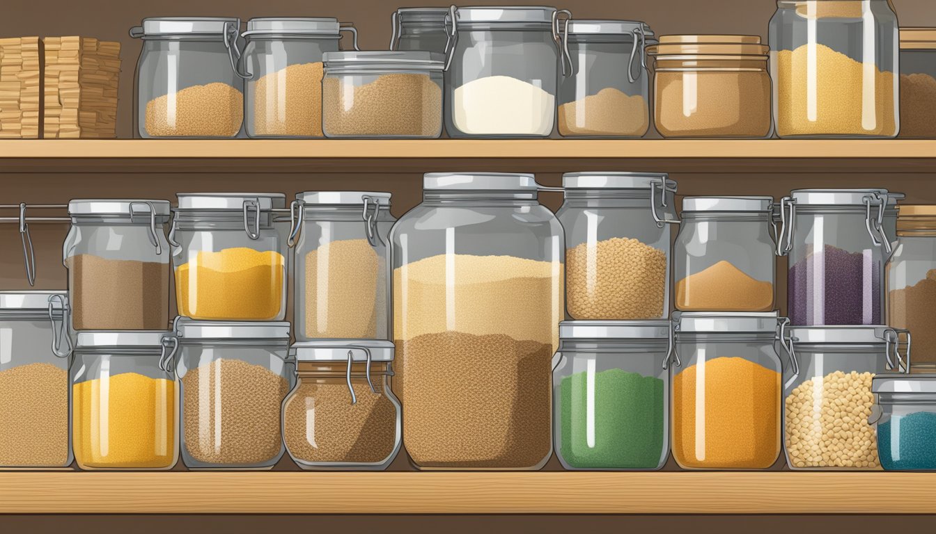 A pantry shelf holds jars of cracked wheat substitutes and other kitchen staples. A wire basket holds bags of grains