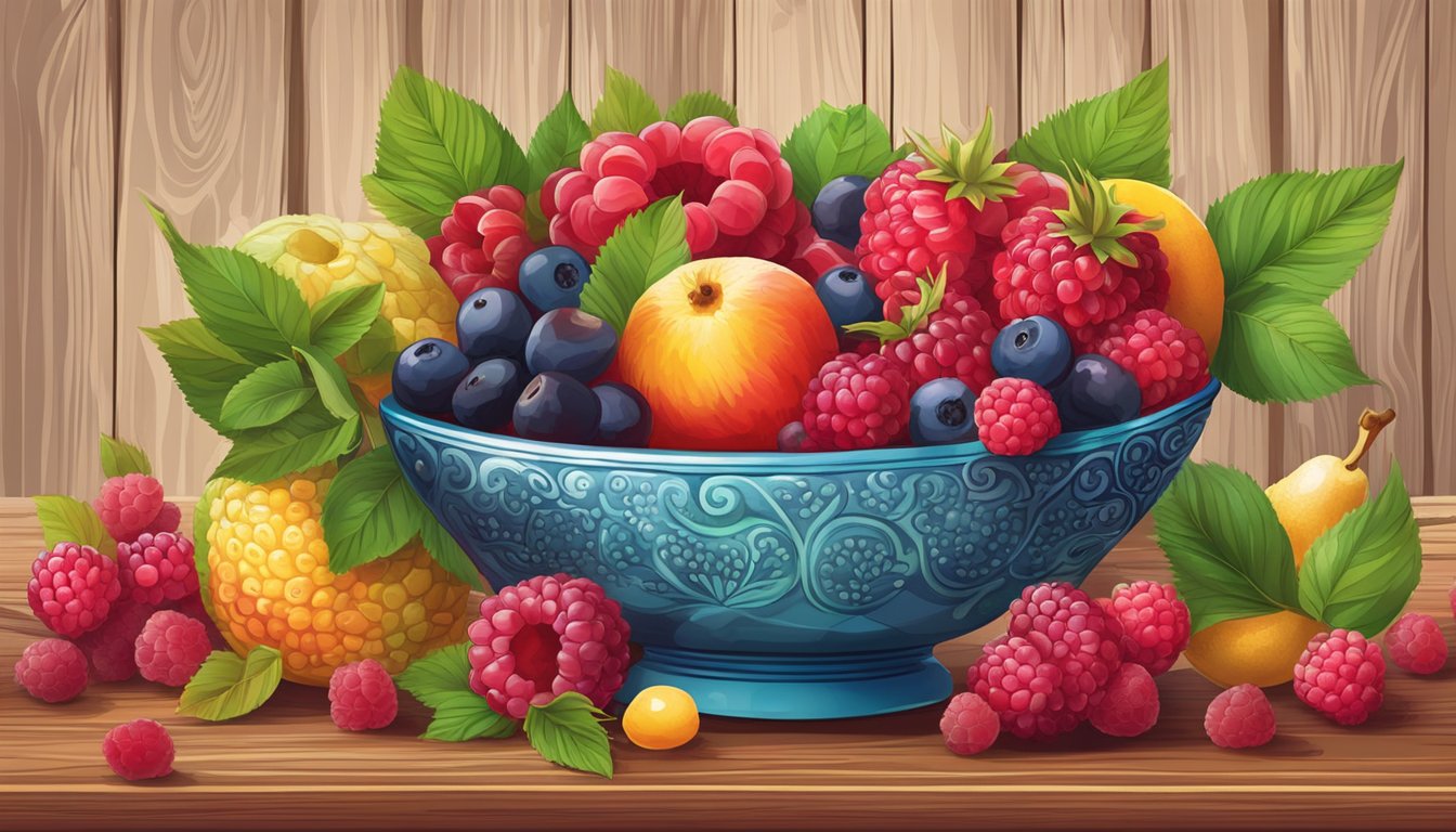 A vibrant bowl of assorted fruits, including raspberries, cherries, and pomegranate seeds, arranged on a wooden table