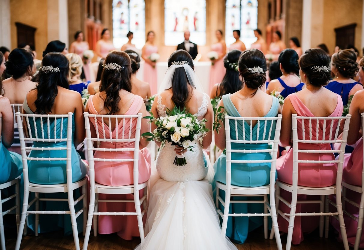 Bridesmaids sit in a row of chairs at the front of the wedding ceremony, facing the altar