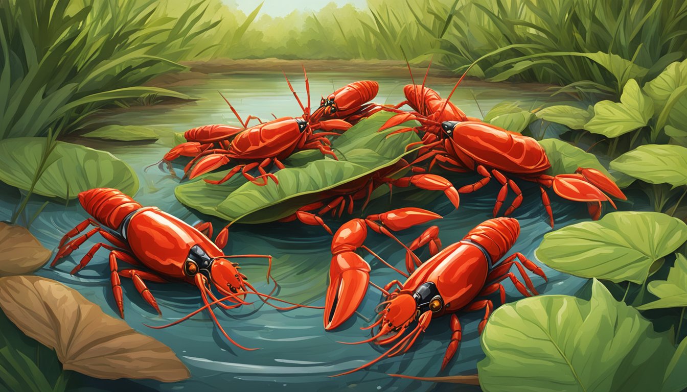 A group of crawfish scurry around a shallow, muddy pond, their red shells contrasting against the green, leafy surroundings