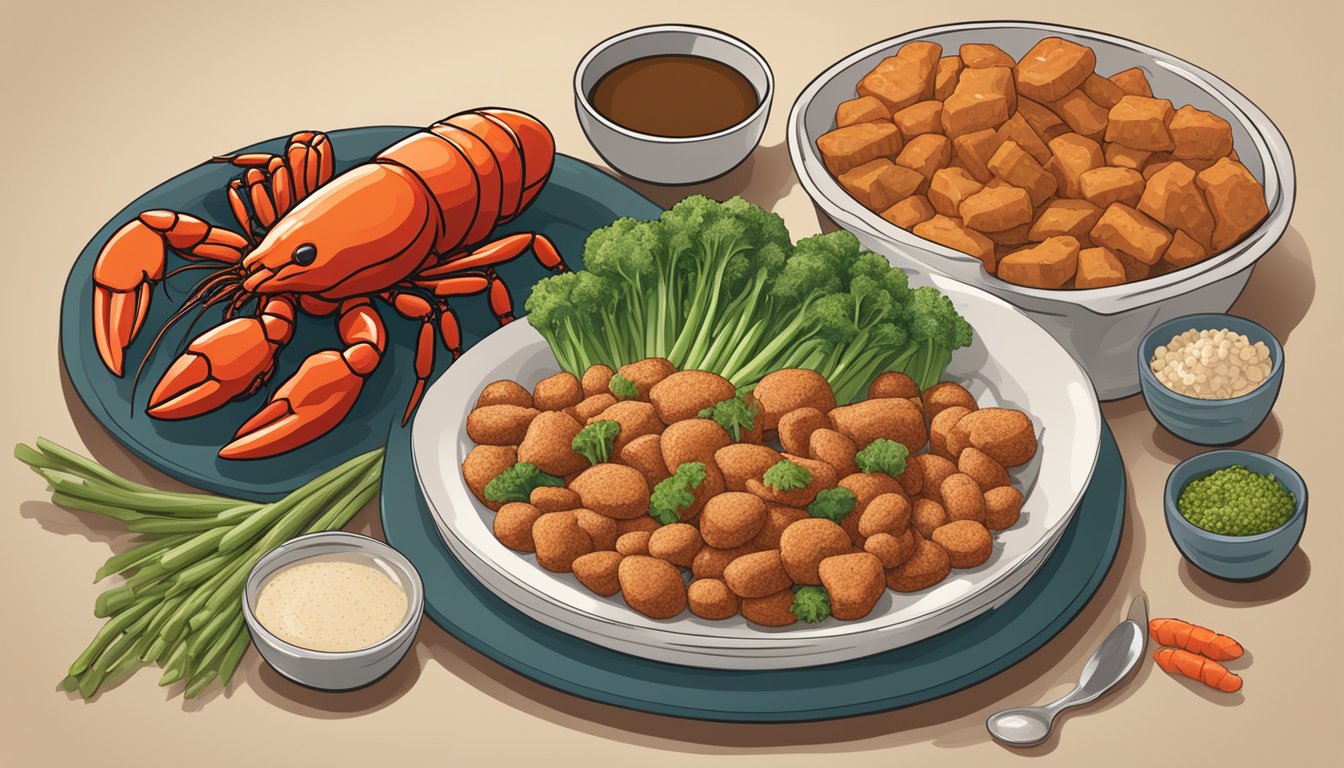 A table set with various alternative ingredients to crawfish, such as tofu, mushrooms, and seitan. A nutrition label and a plate of fresh vegetables are also displayed