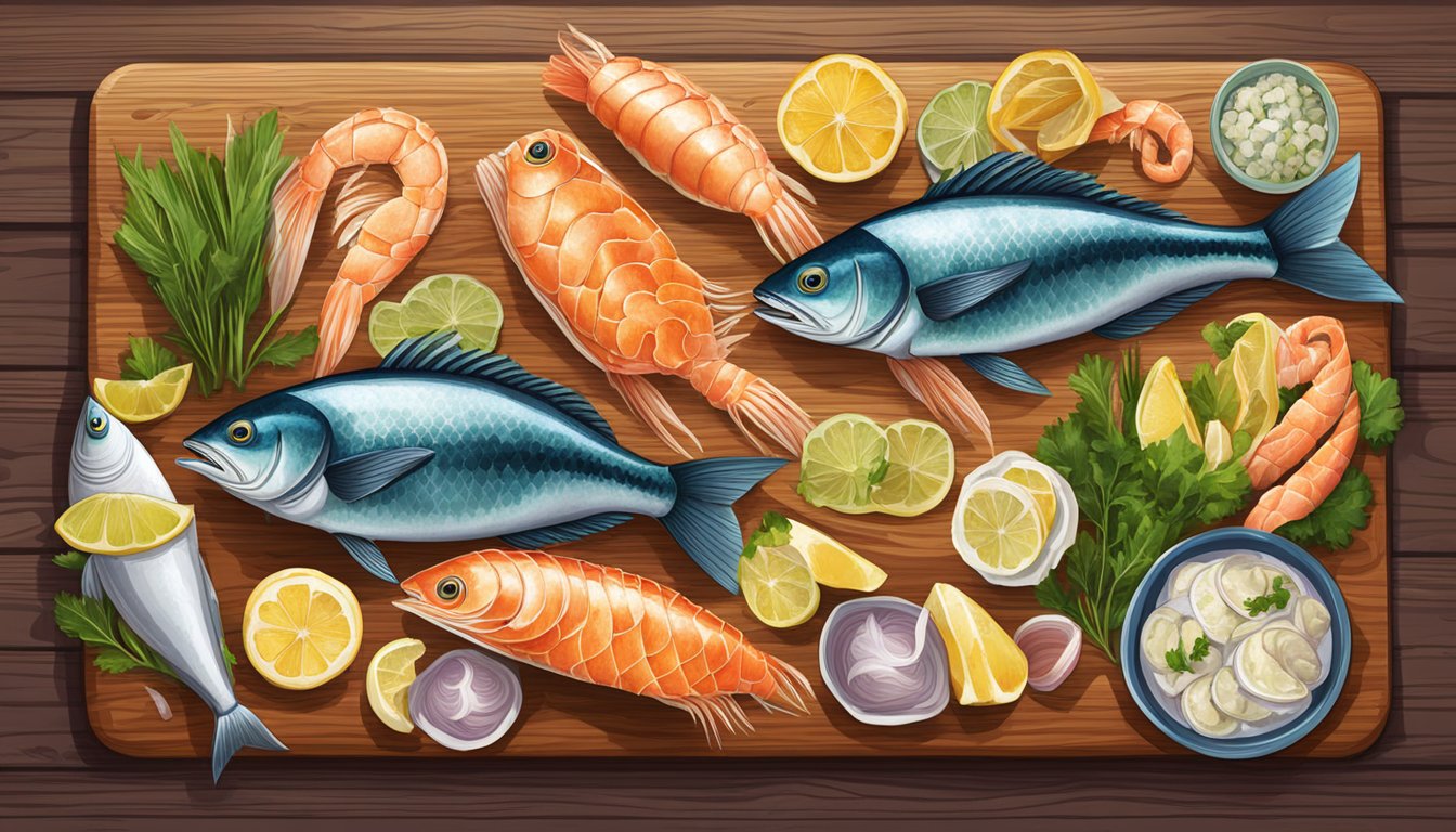 A colorful array of alternative seafood options arranged on a wooden cutting board