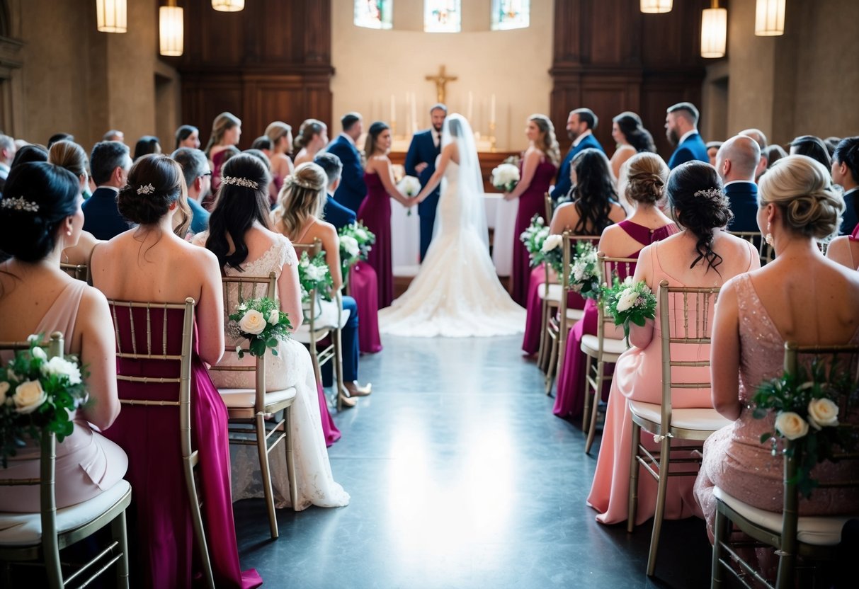 Bridesmaids sit in a row of chairs near the front of the ceremony, facing the altar and the bride and groom
